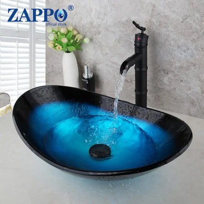 Tempered Glass Bathroom Sink with Waterfall &amp; Black Faucet