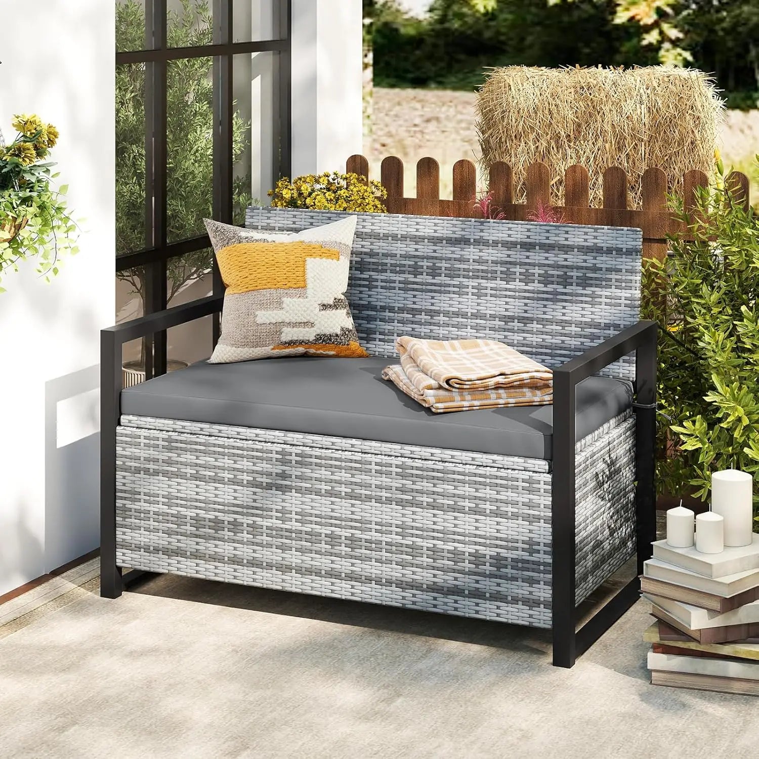 40 Gallon Outdoor Patio Wicker Bench with Storage, Cushion, Cover &amp; Metal Frame