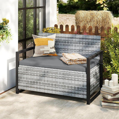 40 Gallon Outdoor Patio Wicker Bench with Storage, Cushion, Cover &amp; Metal Frame