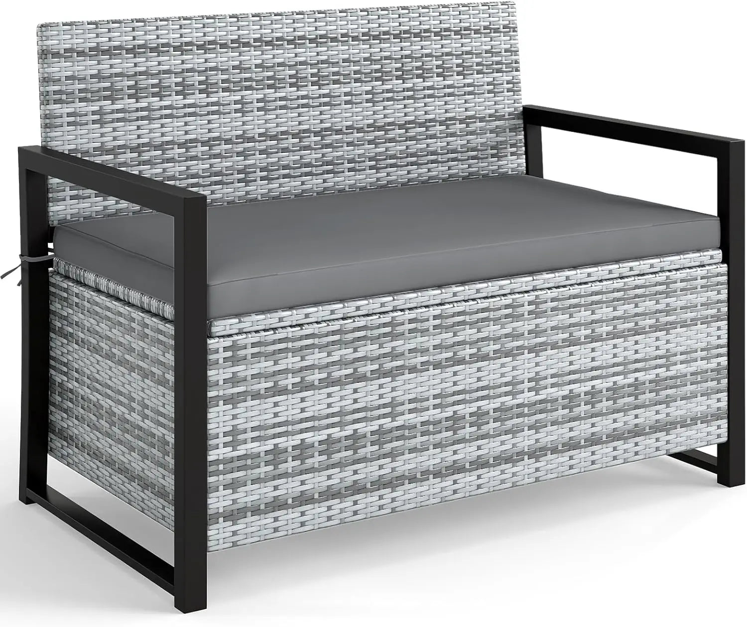40 Gallon Outdoor Patio Wicker Bench with Storage, Cushion, Cover &amp; Metal Frame
