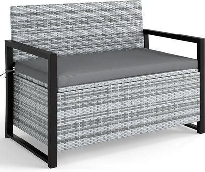 40 Gallon Outdoor Patio Wicker Bench with Storage, Cushion, Cover &amp; Metal Frame