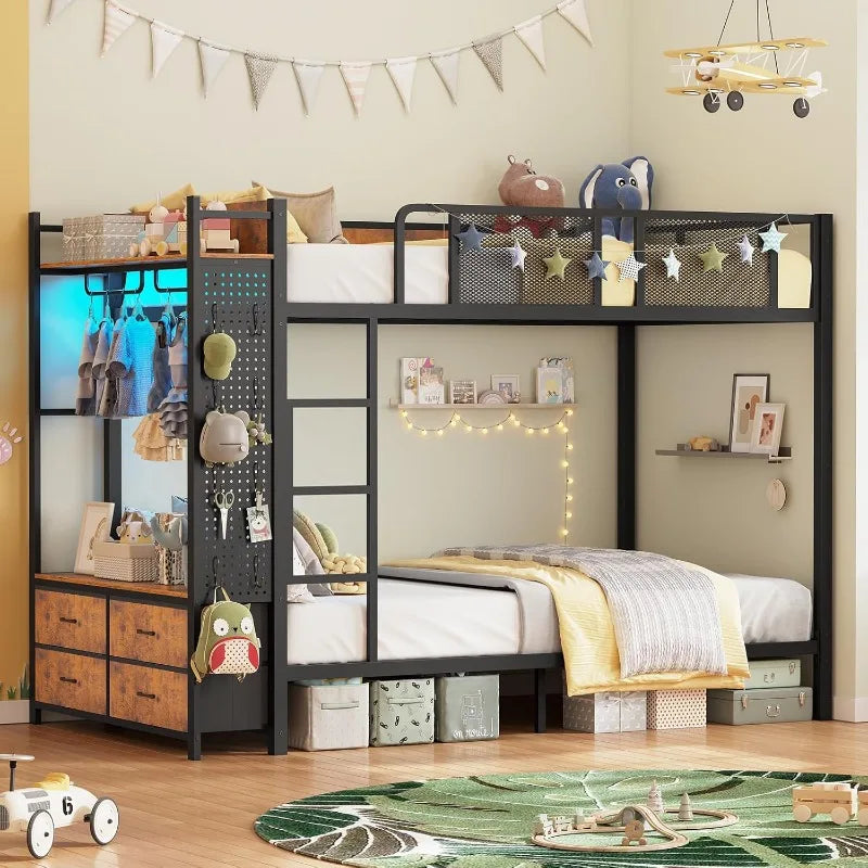 Metal Twin Over Twin Bunk Bed With Power Outlet, LED, Storage Drawers &amp; Safety Guardrail