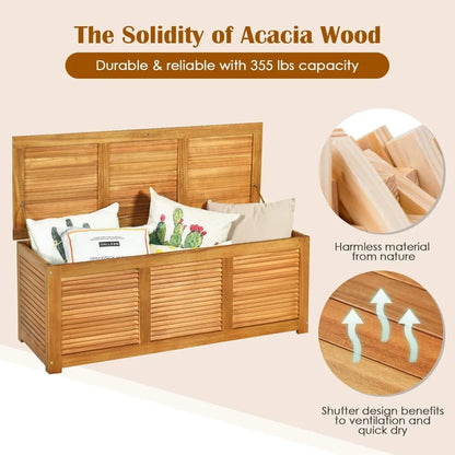 Acacia wood outdoor storage bench with 46 gallon capacity for patio furniture cushions and garden accessories"