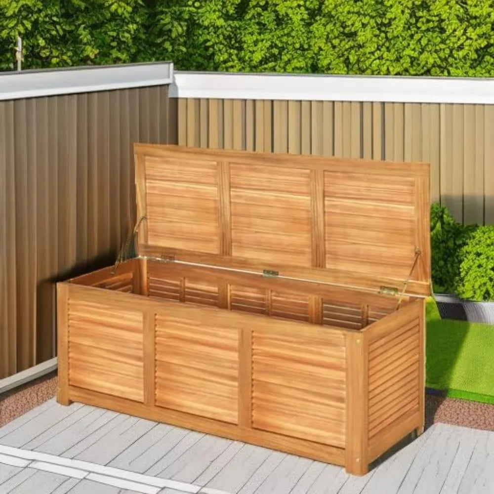 Acacia wood outdoor storage bench with 46 gallon capacity for patio furniture cushions and garden accessories"