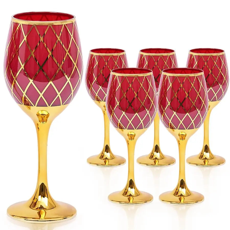 Set of 6 Red and Gold Wine Glasses with Colored Stems