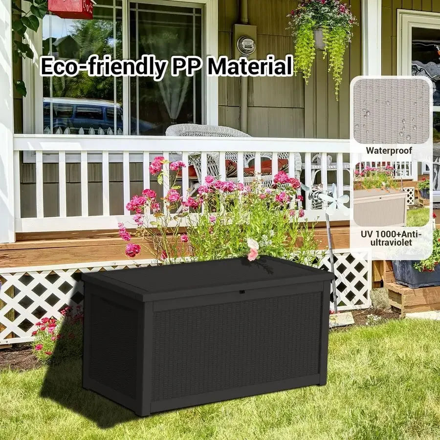 320 Gallon Deck Box, Outdoor Large Waterproof Resin Storage Box with Lockable Lid for Patio Cushions &amp; Gardening Tools