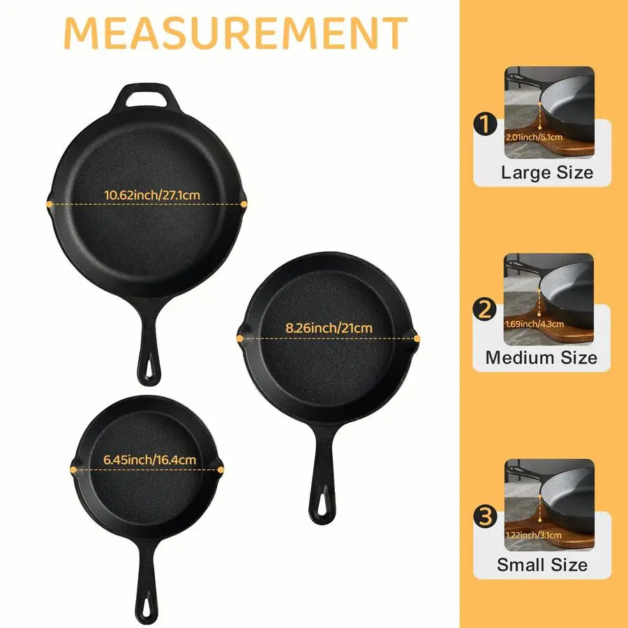 3 Piece Cast Iron Skillets - Professional Chef Quality