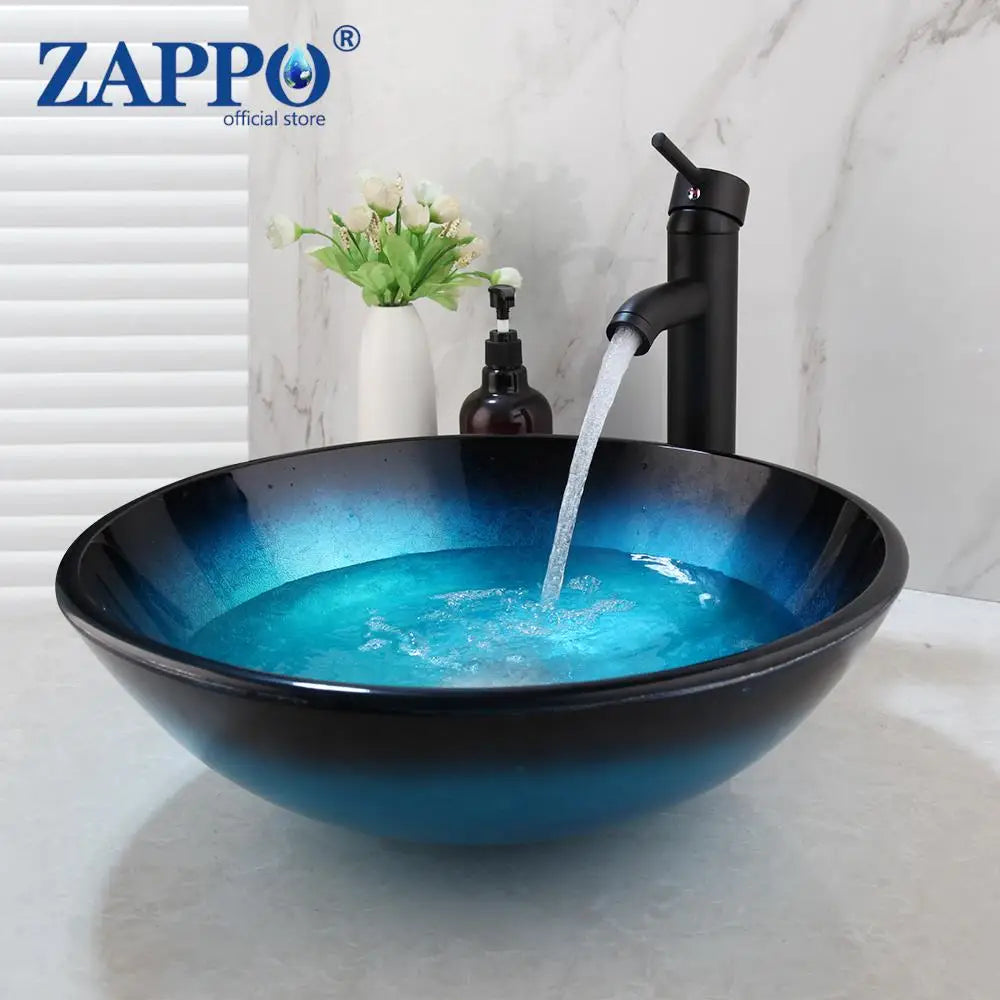 Tempered Glass Bathroom Sink with Waterfall & Black Faucet