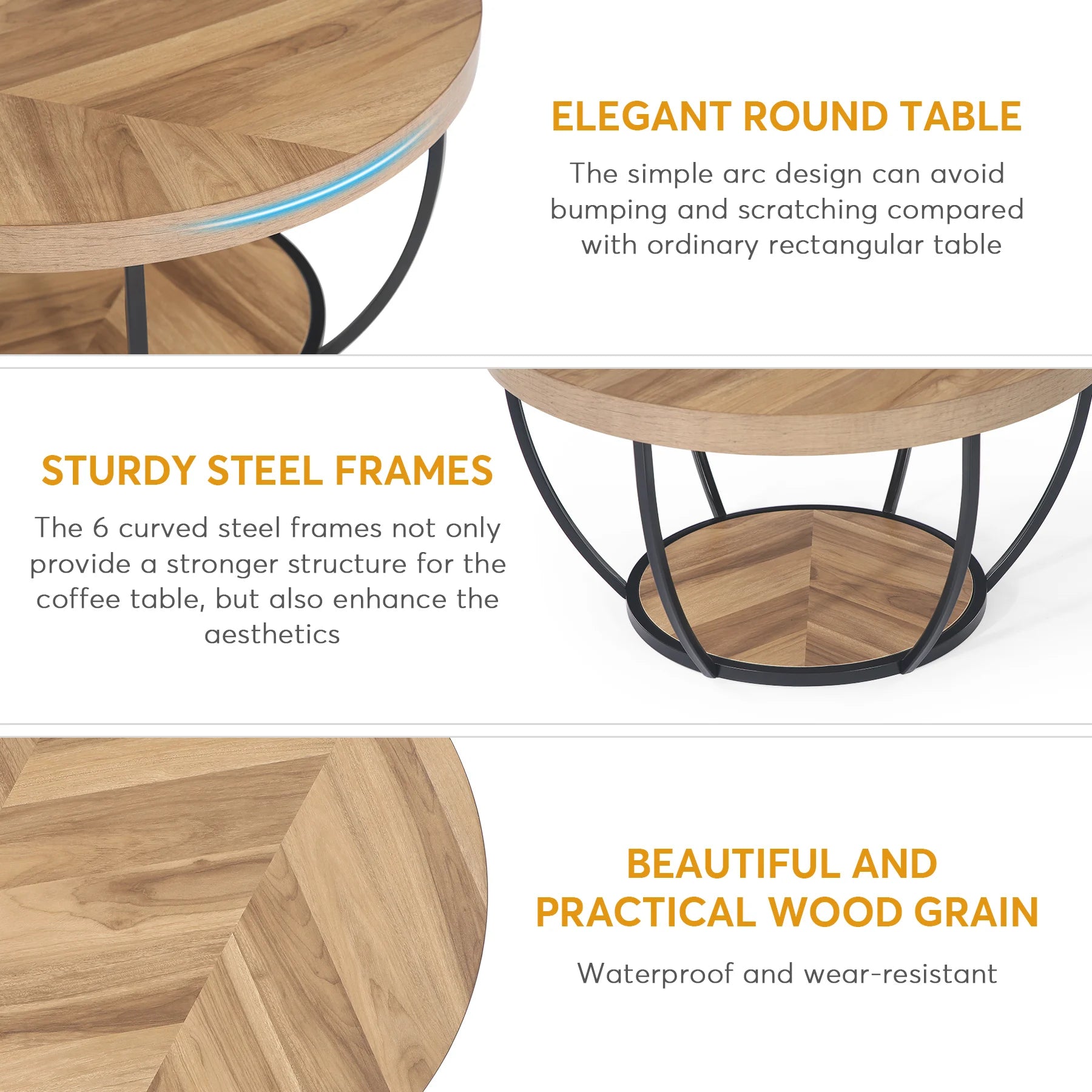 Round 2-Tier Coffee Table with Storage Shelves