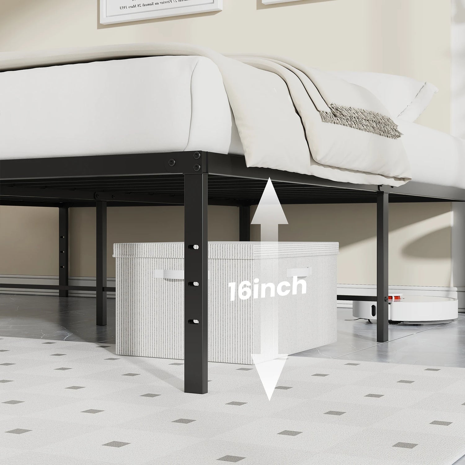 Sturdy Steel Heavy Duty Platform Bed Frame with 16" Storage Space - All Sizes