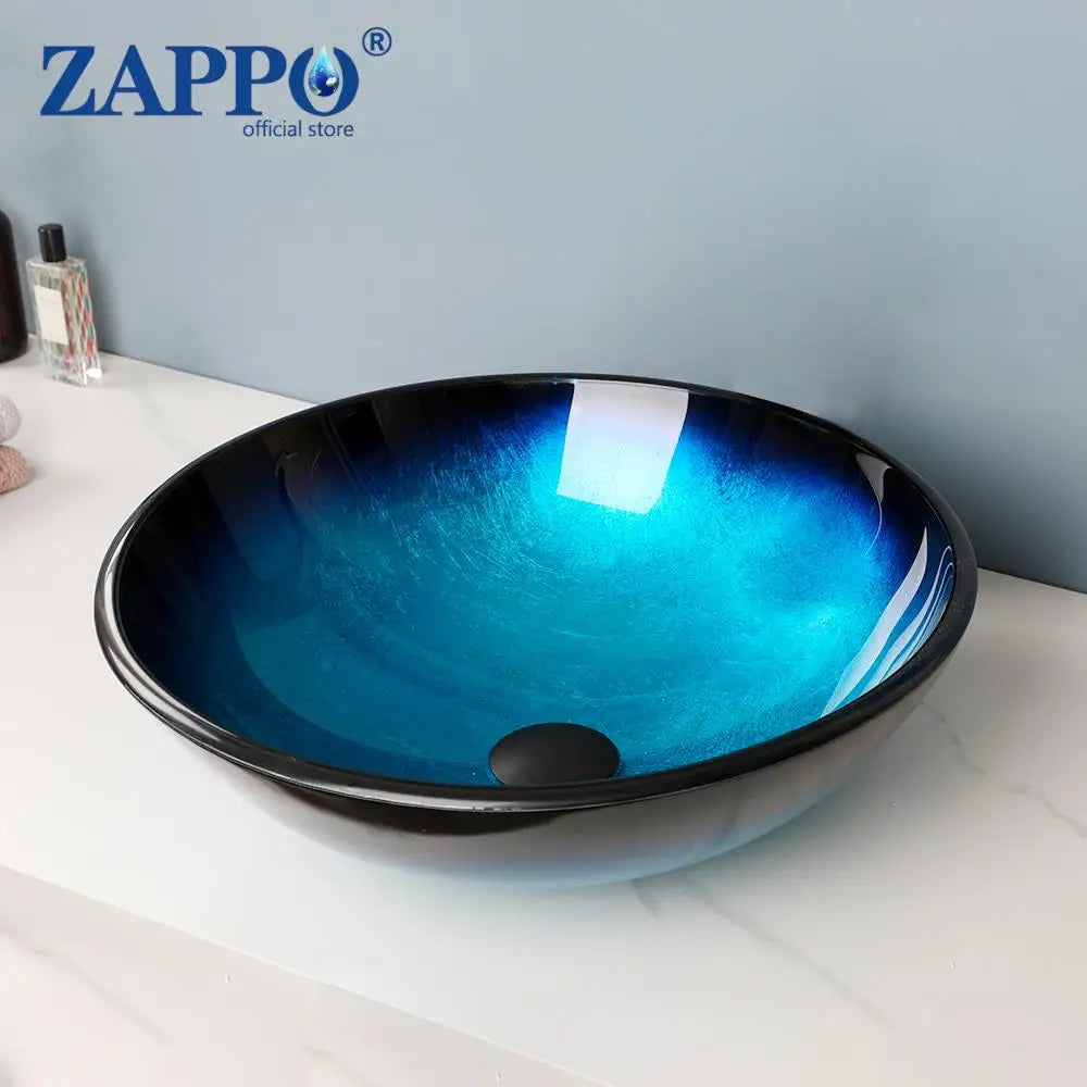 Tempered Glass Bathroom Sink with Waterfall & Black Faucet