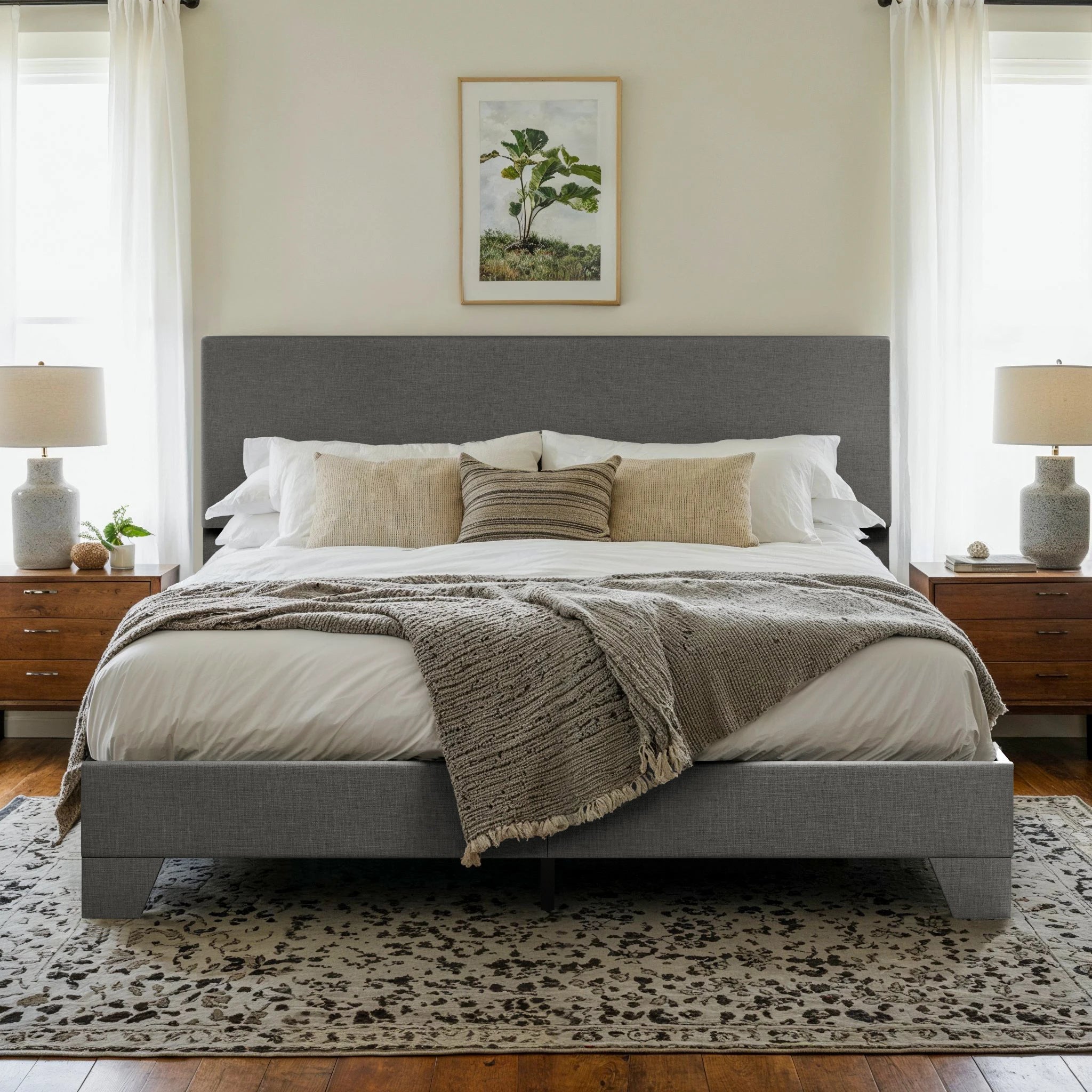 Bed Frame with Adjustable Headboard, Soft Linen Fabric, Strong Supporting Structure