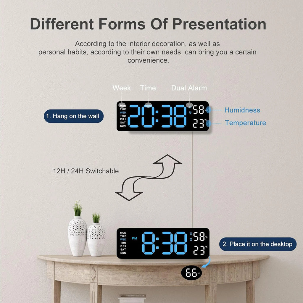 9" Digital LED Smart Wall Clock with Temperature & Humidity