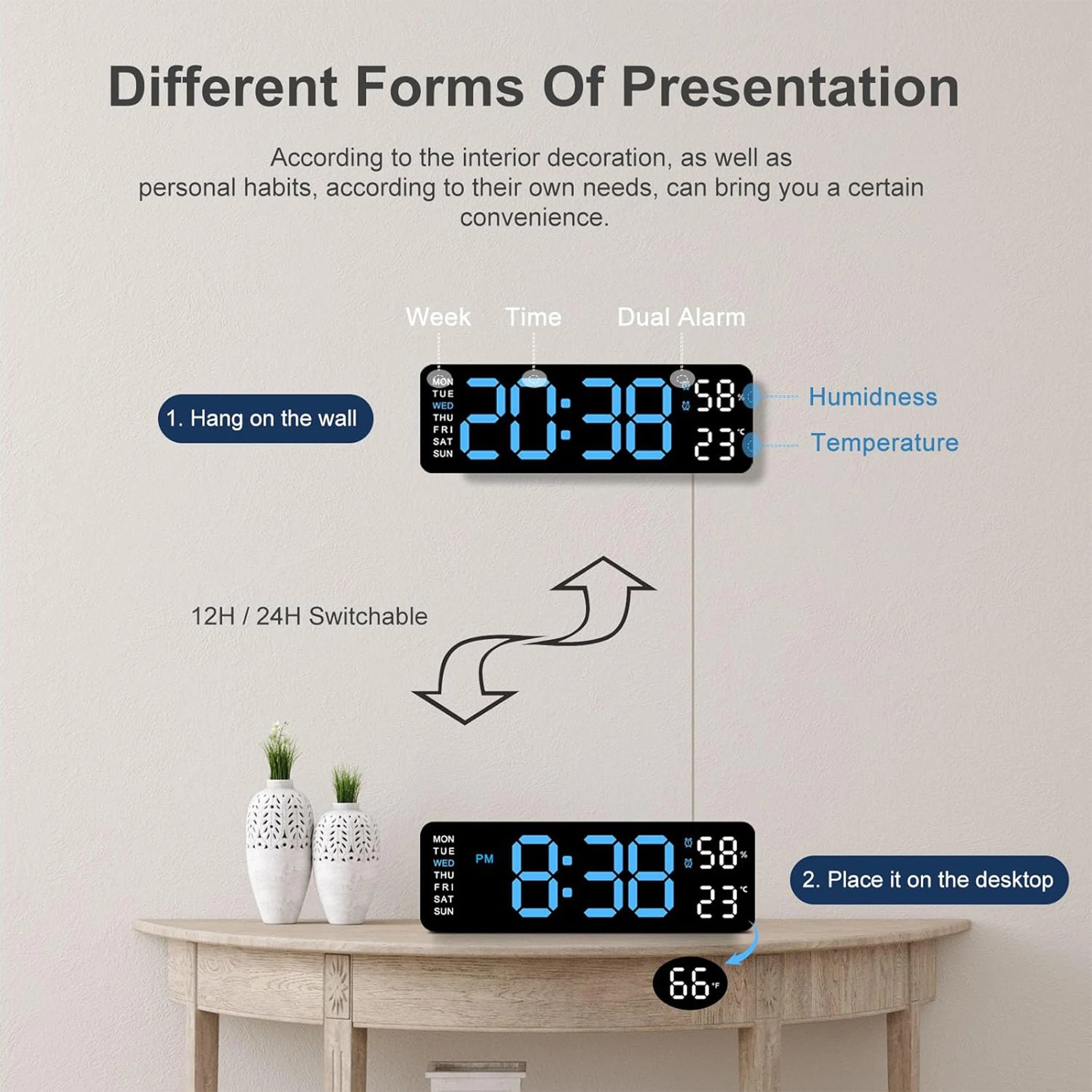 9" Digital LED Smart Wall Clock with Temperature & Humidity