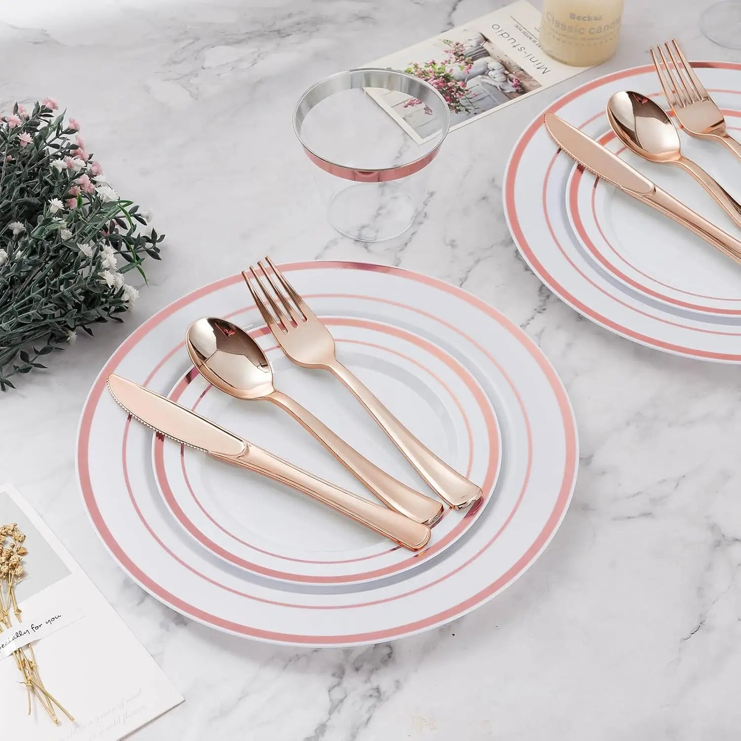 600 piece Plastic Dinnerware Set (100 Guests), Rose Gold Disposable Plates for Party, Wedding, Christmas, Anniversary