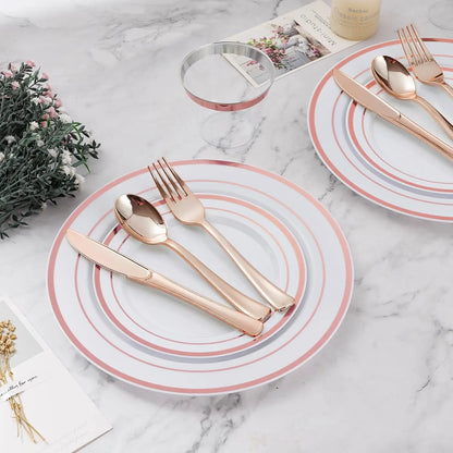 600 piece Plastic Dinnerware Set (100 Guests), Rose Gold Disposable Plates for Party, Wedding, Christmas, Anniversary