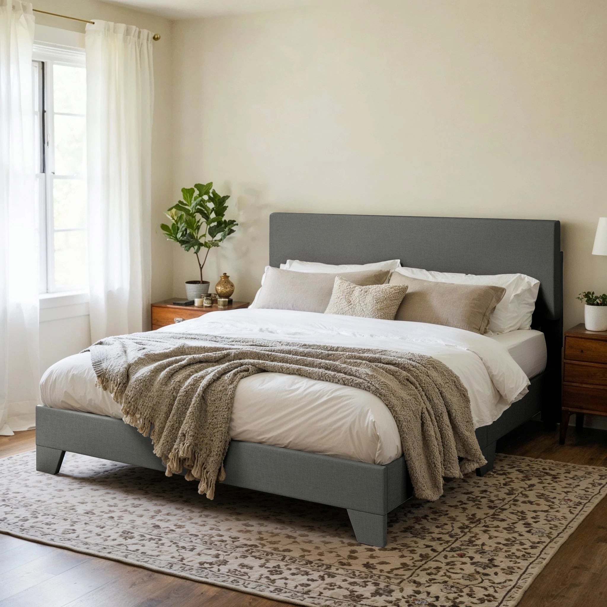 Bed Frame with Adjustable Headboard, Soft Linen Fabric, Strong Supporting Structure