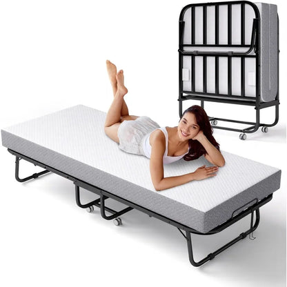 Portable Twin Rollaway Folding Bed with Memory Foam Mattress - Guest Bed on Wheels