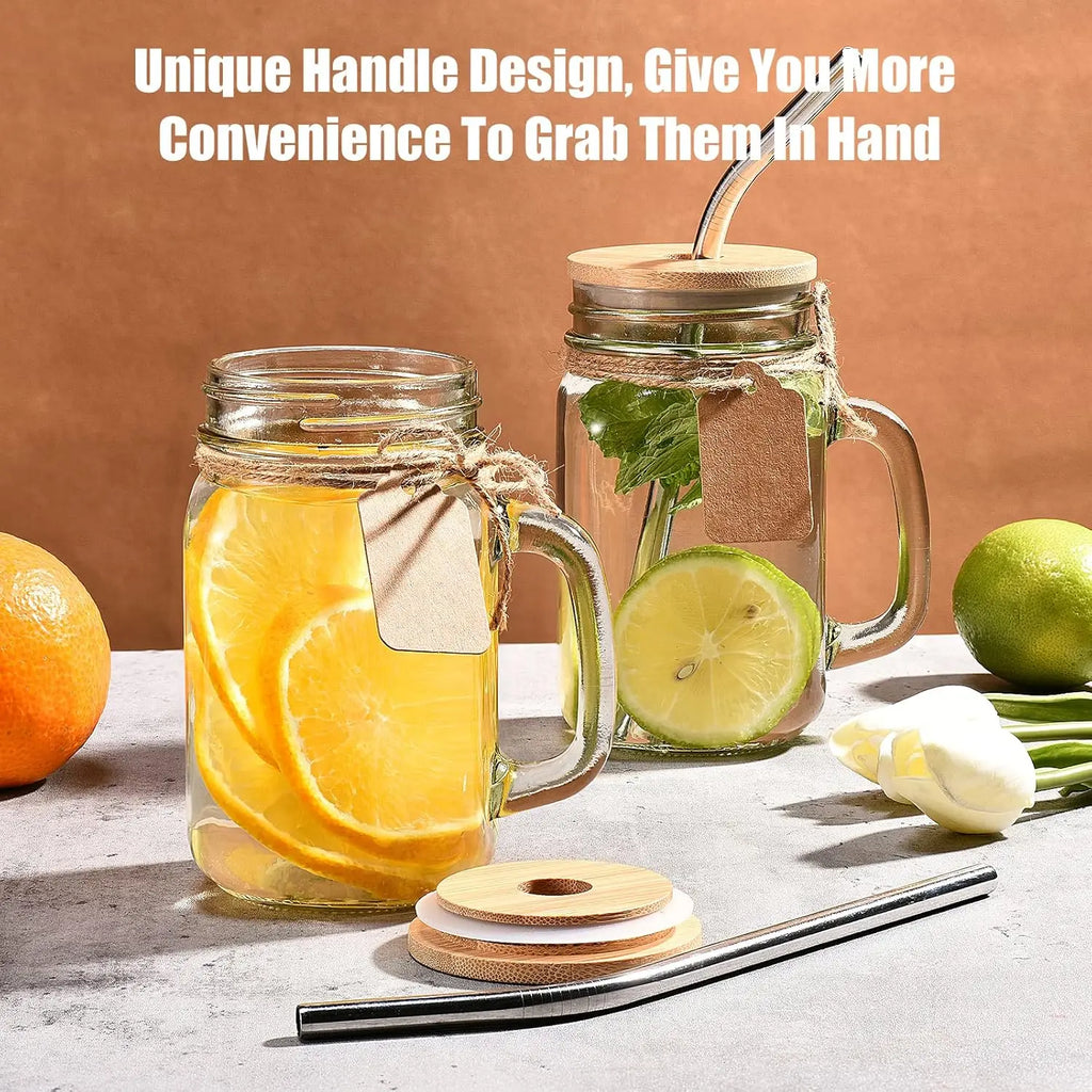 12 Mason Jar Drinking Glasses - 16 oz with Handle, Lids & Straws