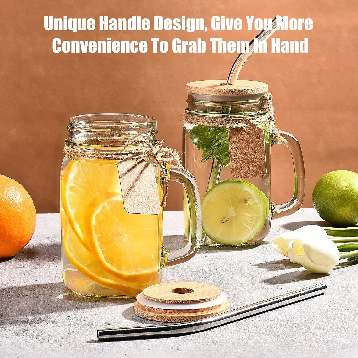 12 Mason Jar Drinking Glasses - 16 oz with Handle, Lids & Straws