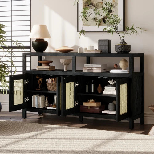 Black Solid Wood Rattan Buffet - Bohemian Style 3-Adjustable Shelves No-Handle Push-to-Open Storage Cabinet