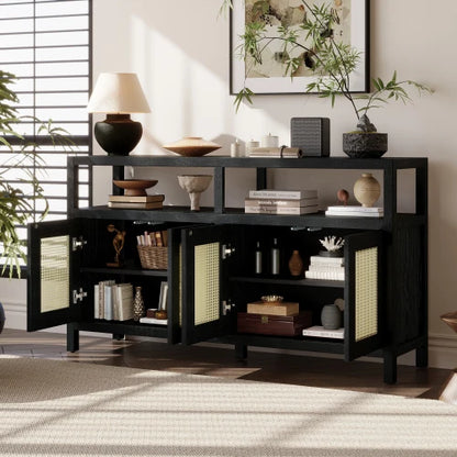 Black Solid Wood Rattan Buffet - Bohemian Style 3-Adjustable Shelves No-Handle Push-to-Open Storage Cabinet