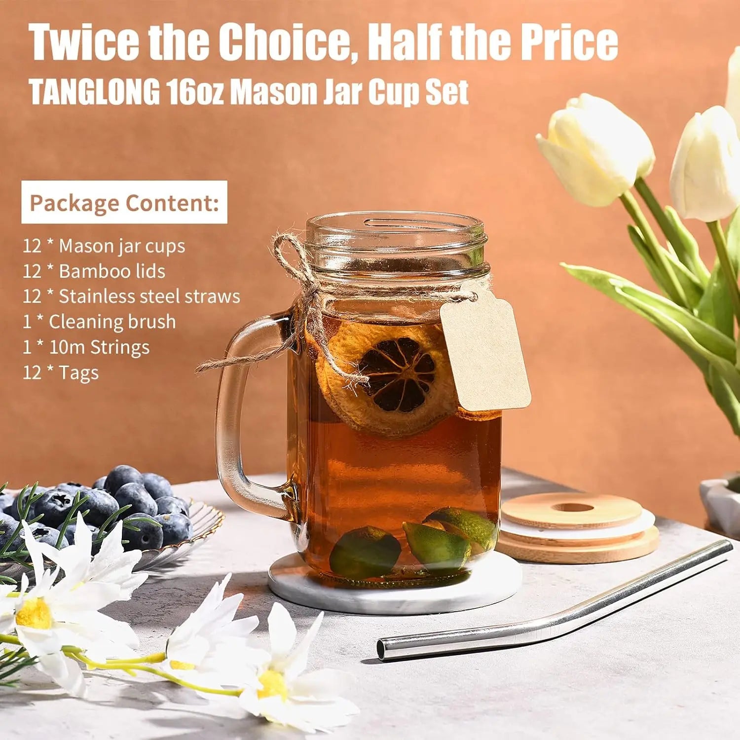 12 Mason Jar Drinking Glasses - 16 oz with Handle, Lids & Straws