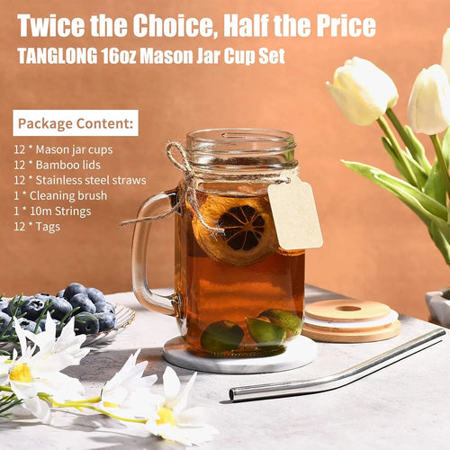 12 Mason Jar Drinking Glasses - 16 oz with Handle, Lids & Straws