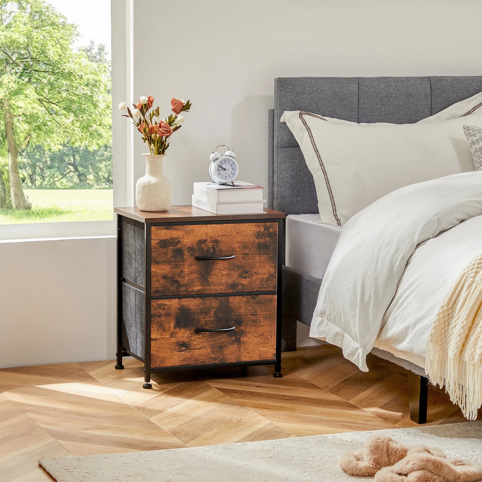 Bedside Nightstand Table with 2 Fabric Drawers