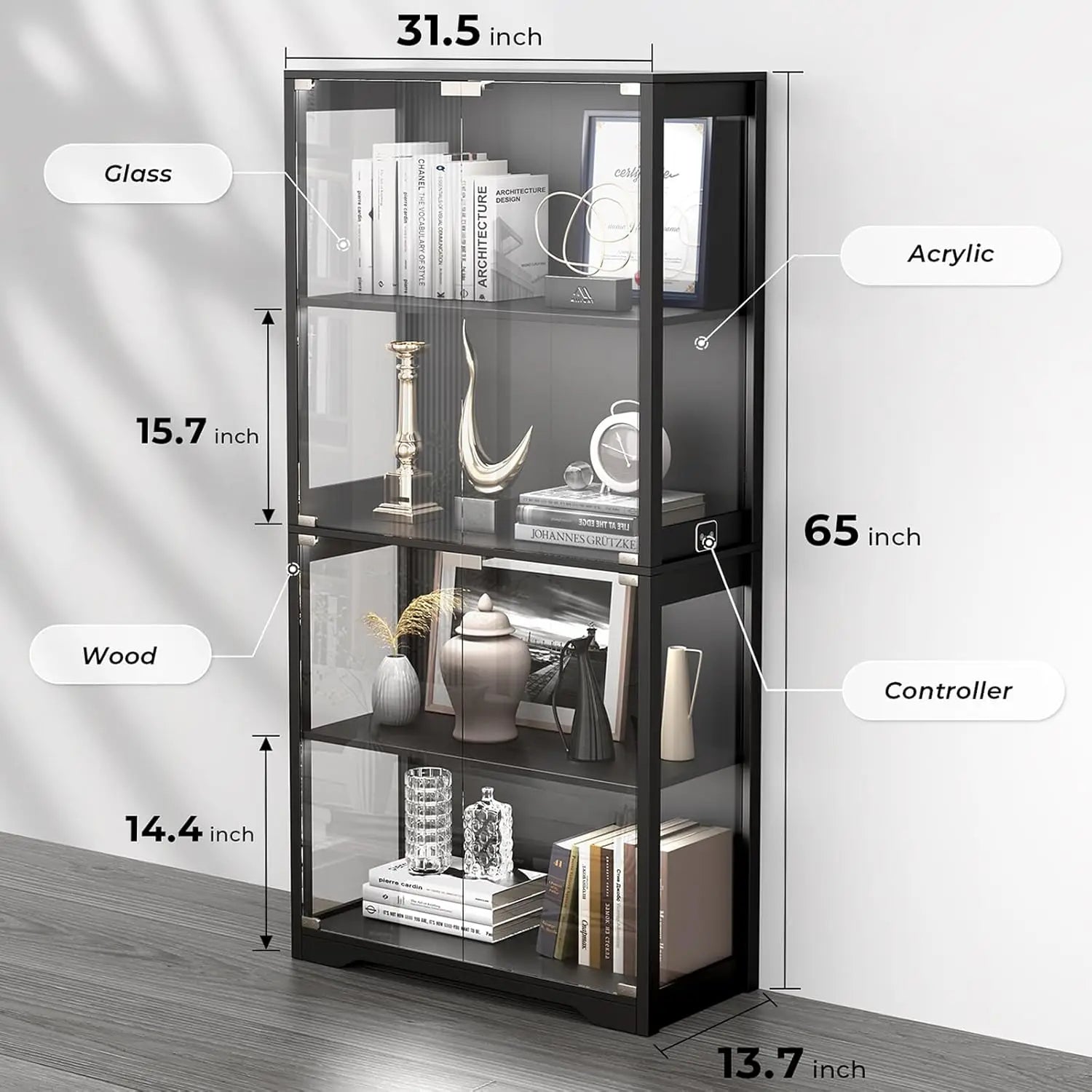 Display Cabinet with Glass Doors, 4-Tier Curio Cabinet with 3 Color Lights for Collectibles