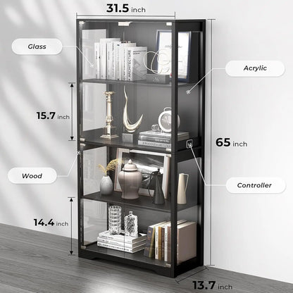 Display Cabinet with Glass Doors, 4-Tier Curio Cabinet with 3 Color Lights for Collectibles