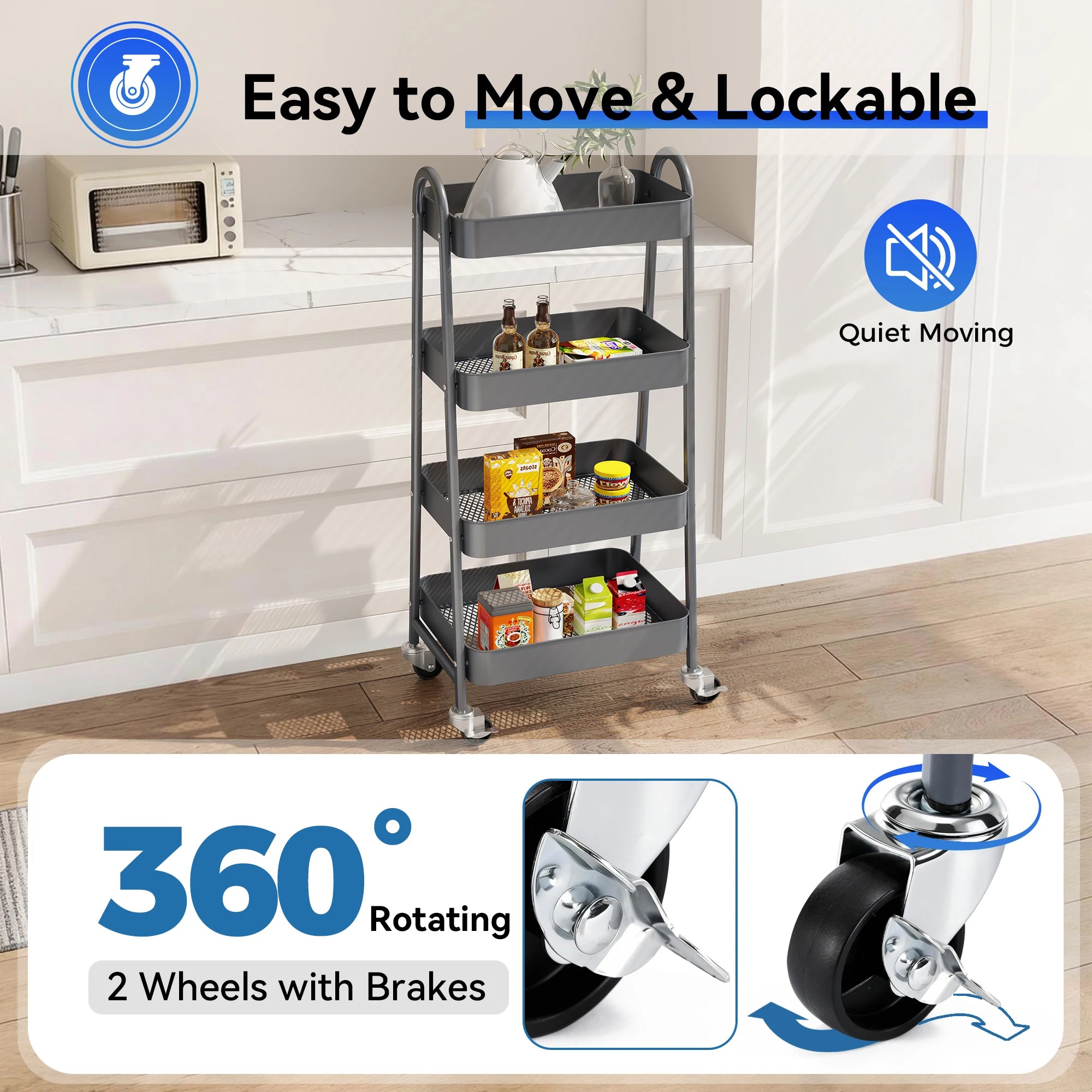4 Tier Metal Storage Cart for Kitchen, Bathroom, Garage &amp; Laundry Room with Lockable Wheels