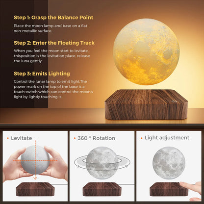 Magnetic Floating Rotating Moon Lamp with Wooden Base - 3 Color LED Night Light