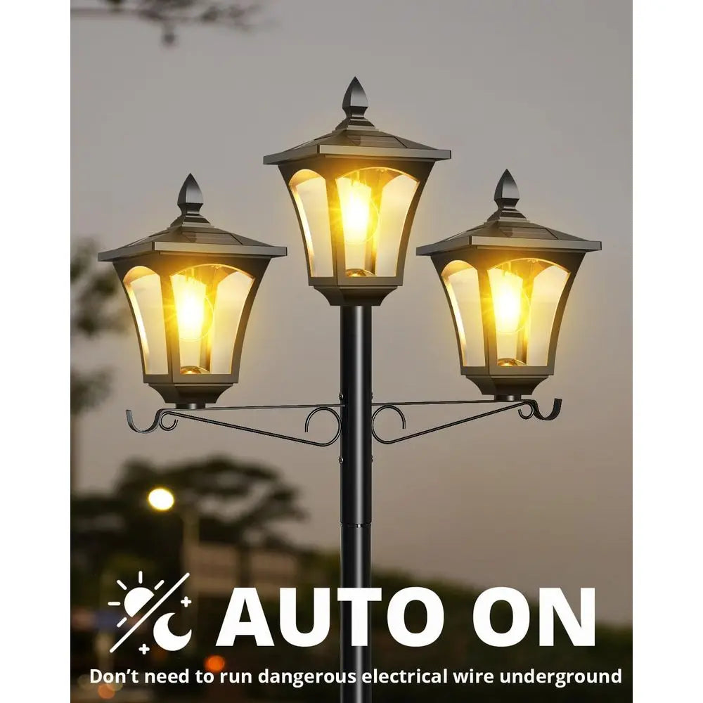 3-Head 77" Waterproof Metal Solar Lamp Post Light - 200 Lumens