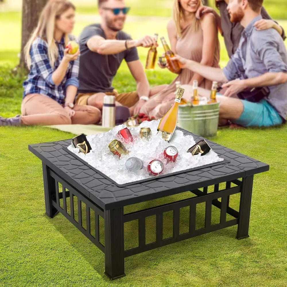 32" Square Multi-functional Metal Firepit/Cooler Table