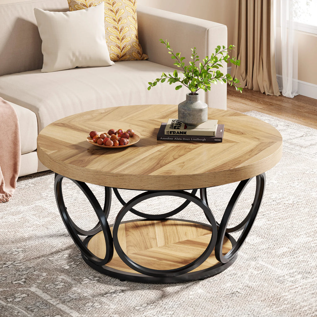 Round 2-Tier Coffee Table with Storage Shelves