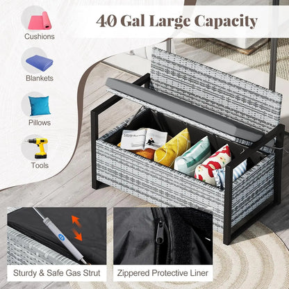 40 Gallon Outdoor Patio Wicker Bench with Storage, Cushion, Cover &amp; Metal Frame