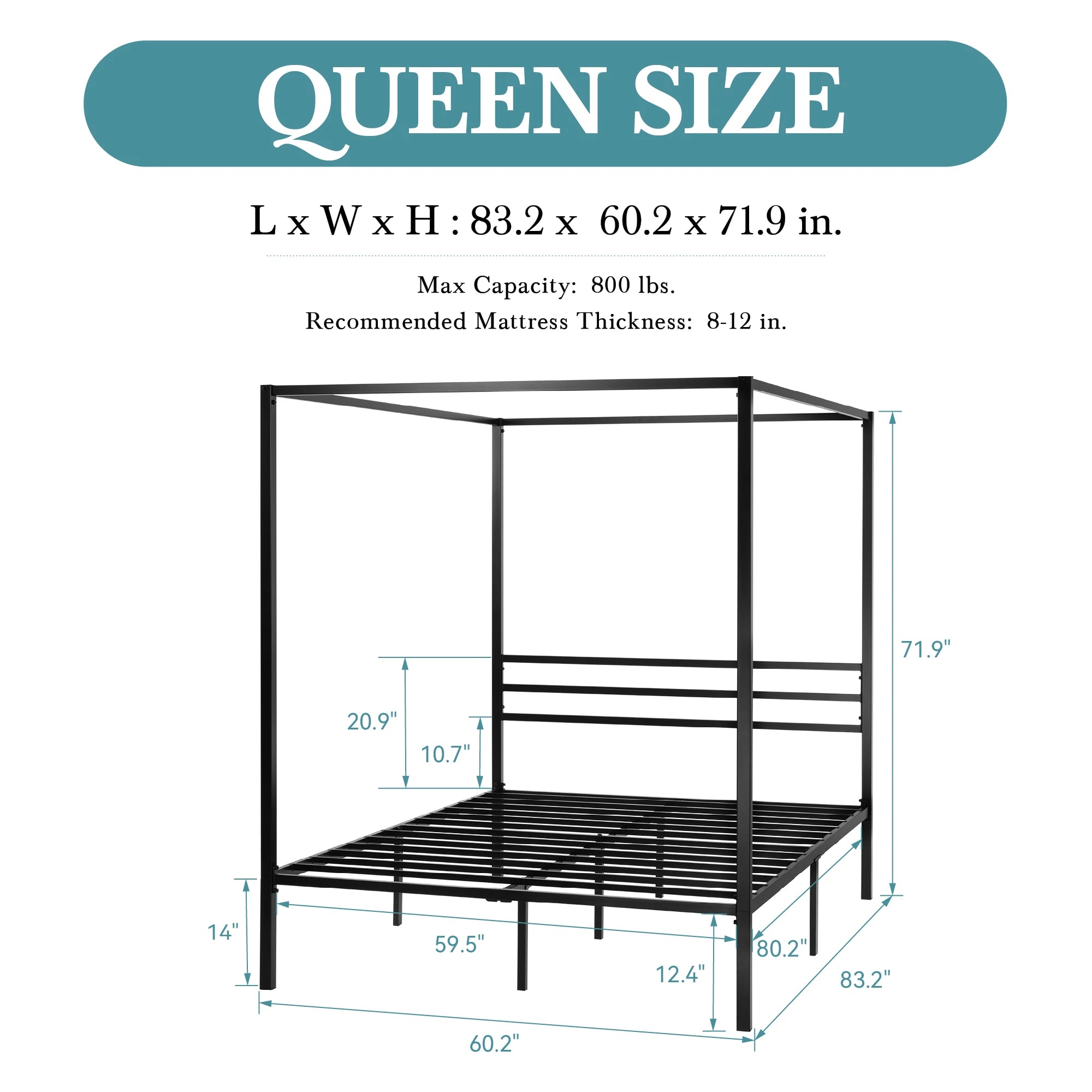 4-Poster Canopy Bed Frame with 3-Metal Crossbars - No Box Spring Needed