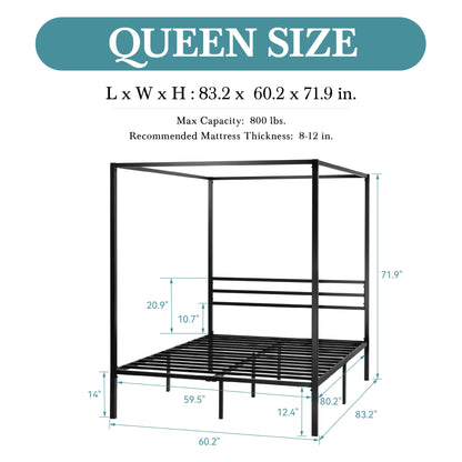 4-Poster Canopy Bed Frame with 3-Metal Crossbars - No Box Spring Needed