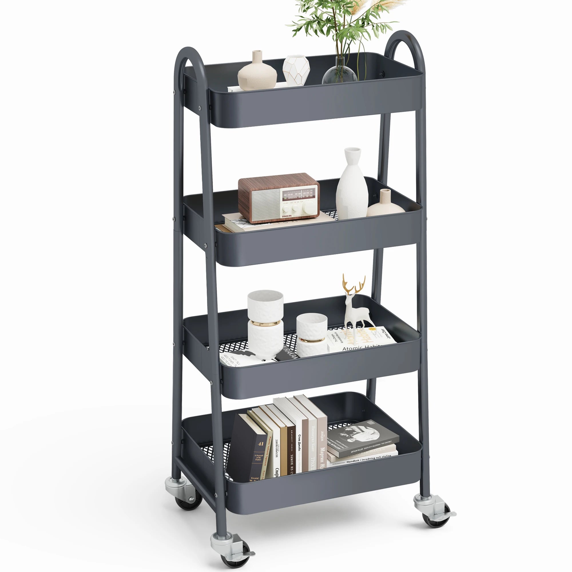 4 Tier Metal Storage Cart for Kitchen, Bathroom, Garage &amp; Laundry Room with Lockable Wheels
