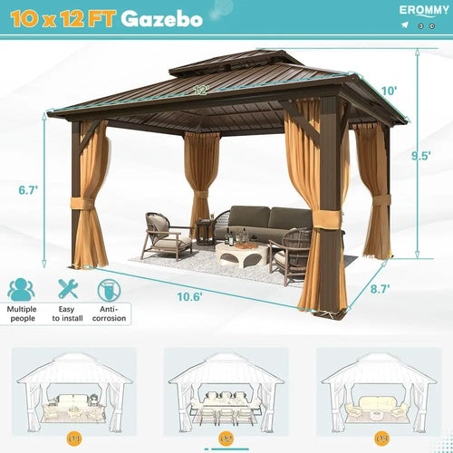10' x 12' Outdoor Metal Gazebo with Double Roof