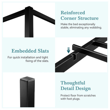 4-Poster Canopy Bed Frame with 3-Metal Crossbars - No Box Spring Needed