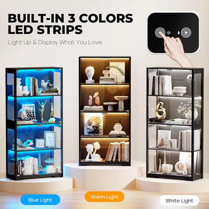 Display Cabinet with Glass Doors, 4-Tier Curio Cabinet with 3 Color Lights for Collectibles