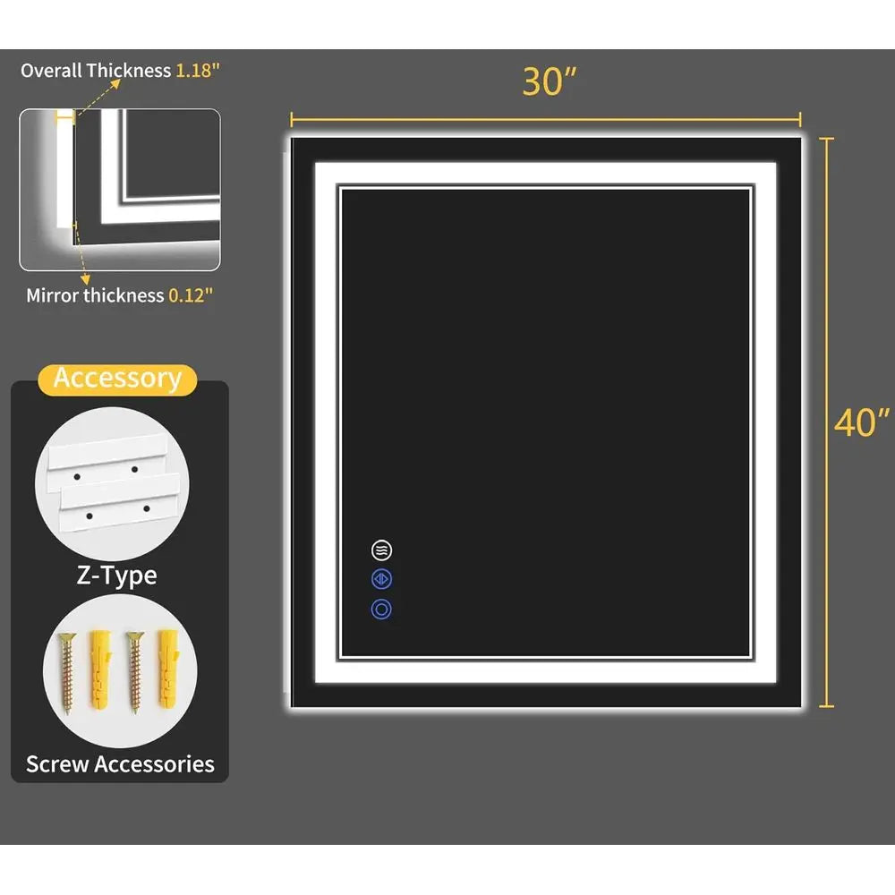 30"x40" Dimmable Anti-Fog Back & Front Lit LED Bathroom Mirror