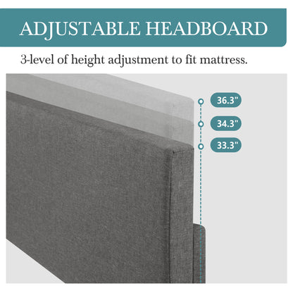 Bed Frame with Adjustable Headboard, Soft Linen Fabric, Strong Supporting Structure