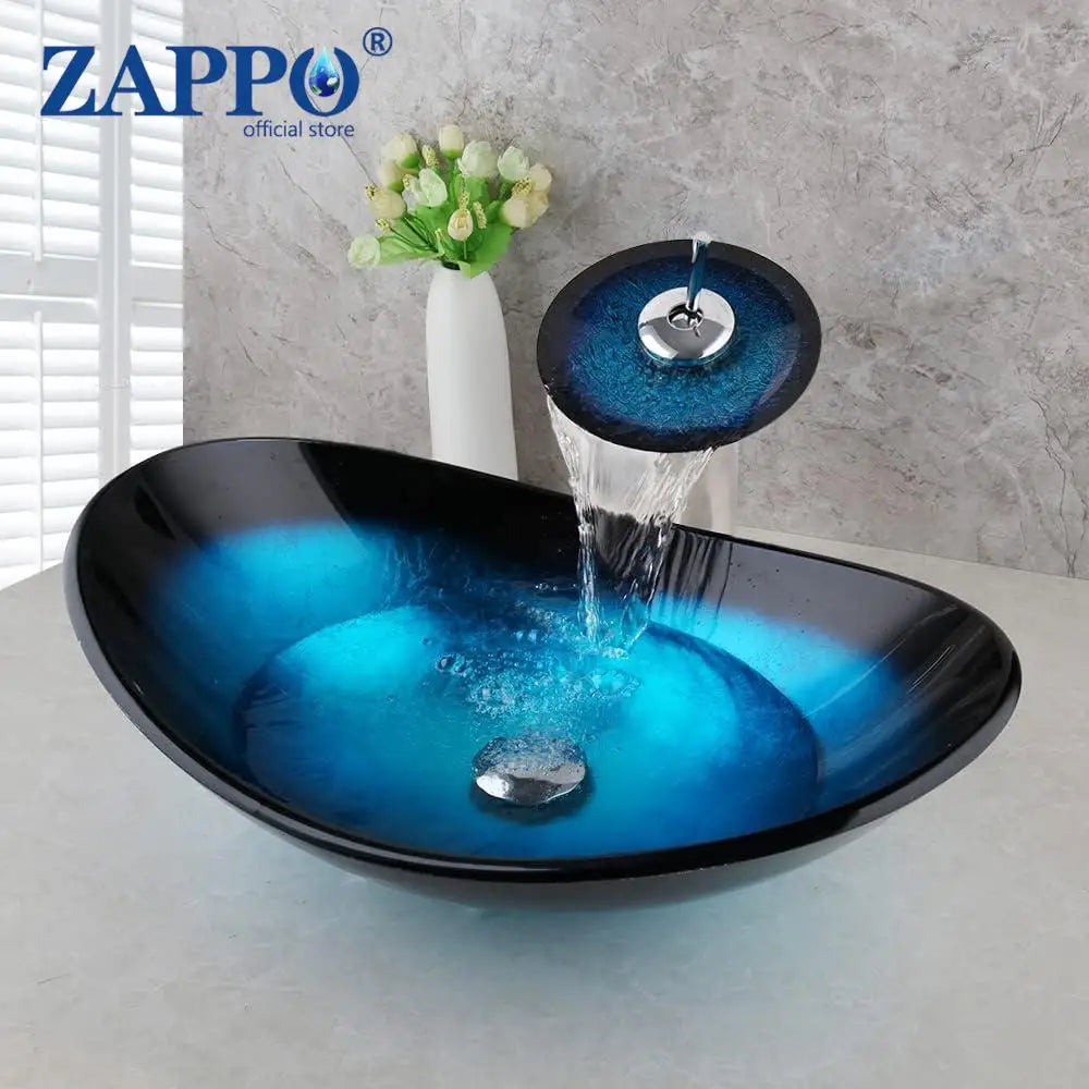Tempered Glass Bathroom Sink with Waterfall & Black Faucet