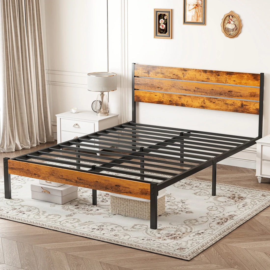 Wooden Headboard and Metal Platform Bed Frame - No Box Spring Needed - 700LBS capacity with sturdy Wooden Slats