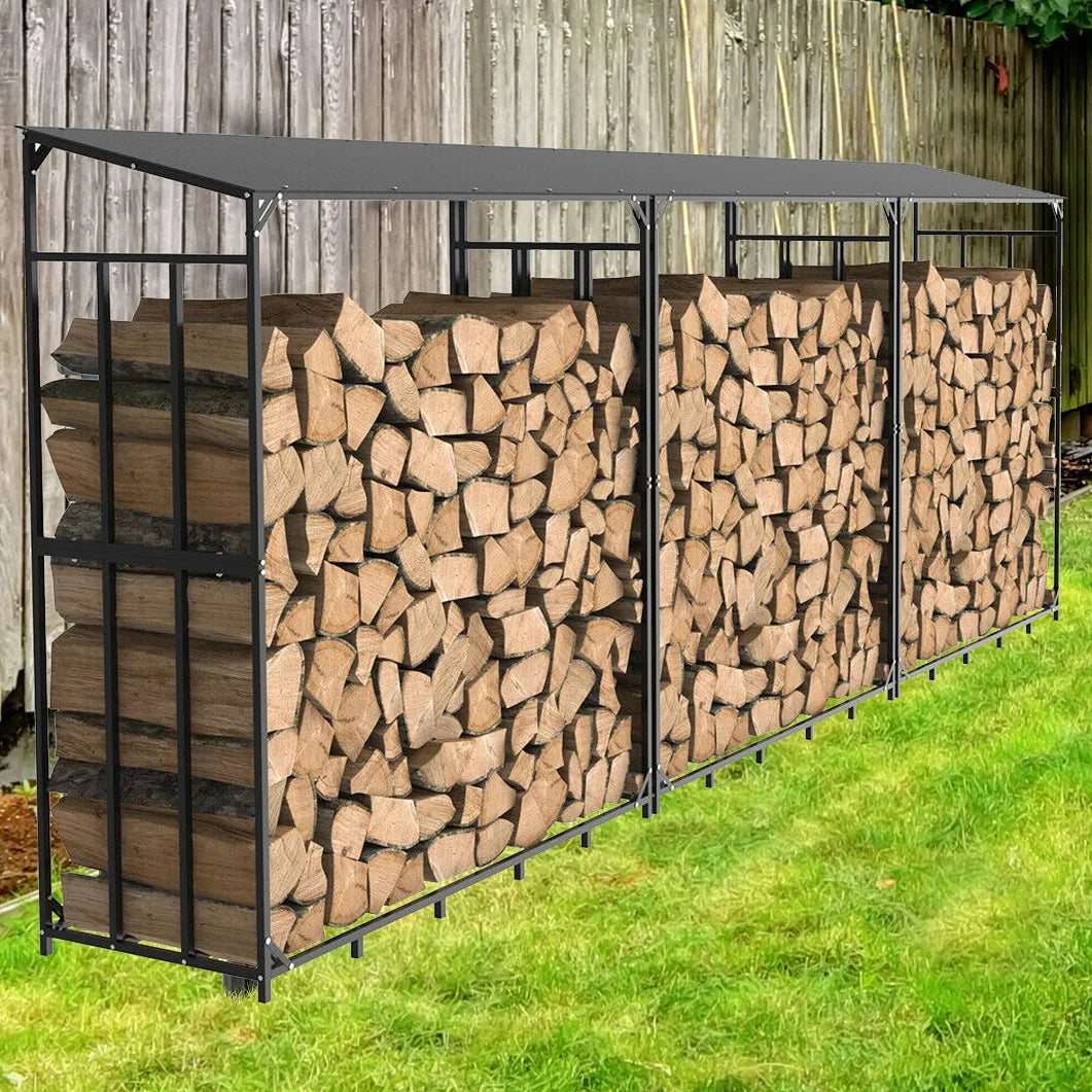 Heavy Duty Tall Metal Firewood Rack Stand with Top Cover for Fireplace Wood Storage