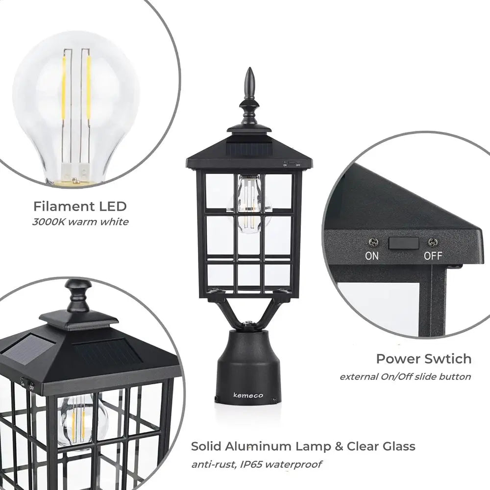 Warm White Solar LED Outdoor Post Lights with Pier Mount Base - 2 Pack Black