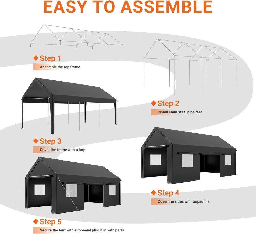 12' x 20' Heavy Duty Carport, Portable Garage with Roll-Up Windows & Side Door for Car, Truck, Boat